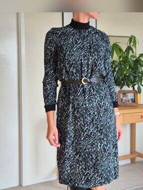 Long Sleeve Abstract Print Midi Dress - Black & Teal